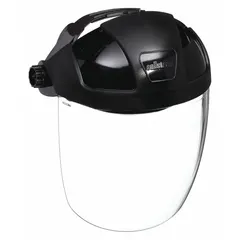 This face shield features a clear, anti-fog, reusable polycarbonate visor with a height of 9 inches and width of 12 1/8 inches. The black headgear is included. Suitable for splash, impact, and debris protection in industrial environments such as machining, material handling, and maintenance.