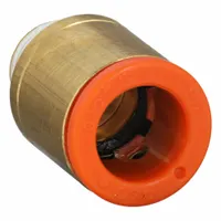 This SMC fitting is a push-to-connect x male NPT adapter for connecting 3/8 in OD tubing to 1/8 in pipe threads. Constructed of brass with a white finish, it is used in pneumatic systems for quick, leak-free assembly of air lines and control circuits