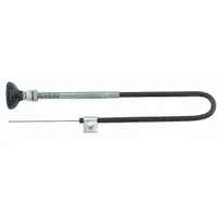 This PTO control cable is designed for use in dump trucks to remotely engage and disengage the power take-off. It connects the cab throttle control to the hydraulic system, enabling operation of dump body functions from the driver's seat. The cable features a polymer construction and includes a clamp for secure installation