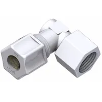 This general purpose nylon compression fitting is a female elbow connector with a 3/8 in OD tube size and 1/4 in FNPT pipe thread. It is designed for connecting tubing to threaded ports in pneumatic, instrumentation, or low-pressure fluid systems. The nylon construction provides corrosion resistance for use in various industrial environments. Sold in a 5-pack