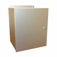 Stainless steel enclosure rated NEMA 12/13/3R/4/4X for indoor or outdoor use where corrosion resistance is required. Measures 12 x 10 x 8 inches, with latch closure and an included inner panel. No knockouts provided. Suitable for housing electrical controls, terminals, and instruments in industrial environments