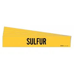 Yellow pipe marker with black legend reading 'Sulfur', designed for pipes with outer diameter from 2-1/2 to 7-7/8 inches. Each pack contains 5 markers without directional arrows. Used to identify pipes carrying sulfur in industrial facilities for safety and compliance.