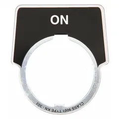 Half-round legend plate for push-button stations, 2 in overall height and 1 3/4 in overall width. Black background with silver metallic aluminum construction and an English 'On' legend. Used to label operator controls in industrial control panels.
