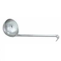 This VOLLRATH ladle is made of stainless steel with a silver finish, featuring a 0.5 oz capacity and 12 1/8 in overall length. NSF Certified for food safety, it is suited for portioning and serving liquids in commercial foodservice settings