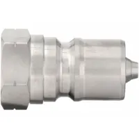 The PARKER SH3-63 is an ISO B Series hydraulic quick-connect coupling plug with a 3/8" coupling size and 3/8"-18 Female NPTF threads. Constructed from 303 stainless steel with a nitrile seal, it enables tool-free connection and disconnection of hydraulic lines in industrial systems