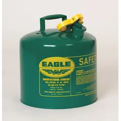 EAGLE UI20SG Type I safety can for handling and storing flammable liquids such as oil. Constructed from powder coated steel in green, with a 2-gallon capacity. Suitable for industrial and maintenance environments requiring compliant flammable liquid storage.