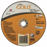 Type 1 cut-off wheel for general purpose cutting of carbon and stainless steel. 4" diameter, 1/8" thickness, 3/8" arbor hole. Aluminum oxide abrasive, 36 grit. Suitable for metal fabrication and maintenance tasks requiring clean cuts on ferrous materials