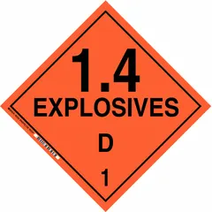 BRADY DOT Container Placard, Class 1: Explosives, measuring 10 3/4 in x 10 3/4 in with a label height of 10 3/4 in. Displays the message '1.4 Explosives D 1' for identifying hazardous materials in transport. Used on shipping containers, vehicles, and storage areas to comply with DOT placarding requirements for Class 1 explosives.