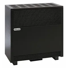 This freestanding vented gas floor heater operates on propane and features a solid face cabinet. It is designed for supplemental heating in residential or light-commercial spaces where a permanent floor-mounted unit is needed. The heater requires a 4-inch vent connection and measures 28-7/8 inches high by 25 inches wide by 15-1/8 inches deep.