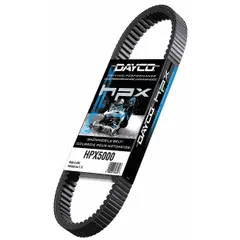 The DAYCO HPX5030 is a cogged V-belt from the HPX Series, featuring aramid reinforcing cord material and a 26° angle. With a thickness of 9/16 in, this belt is suited for industrial drive applications requiring high-strength power transmission, such as in manufacturing and processing equipment.