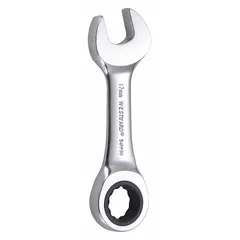 This metric 12-point ratcheting combination wrench features a 17 mm head size and a 4 7/8 in overall length. Constructed from alloy steel with a chrome finish, it is suited for general fastening tasks such as tightening or loosening bolts and nuts in automotive repair, machinery maintenance, and industrial assembly.