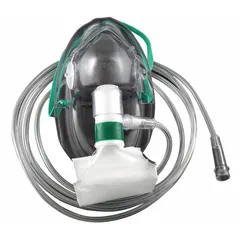 Disposable non-rebreather mask made of PVC, designed to deliver high-concentration oxygen in medical and emergency settings. Includes a universal connector for standard oxygen supply lines. Compliant with FDA standards.