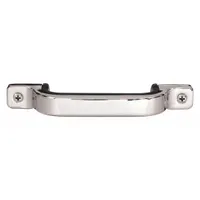 Fixed, non-recessed pull handle made of stainless steel with a mirror finish. Features unthreaded mounting holes for 4.1 mm x 25 mm screws and a 0.571 in grip thickness. Suitable for use on cabinets, enclosures, and machinery doors requiring a corrosion-resistant grip