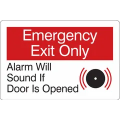 This adhesive-mounted acrylic sign measures 6 inches by 9 inches and is not retroreflective. It is designed for indoor use on doors that must remain closed except in emergencies, warning that opening the door will trigger an alarm. Typical applications include industrial facilities, warehouses, and manufacturing areas where clear door restriction messaging is required.