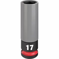This 17 mm metric socket features a 6-point deep design for secure engagement on fasteners. The non-marring construction helps protect wheel finishes during tire changes. Suitable for automotive lug nut removal and installation.