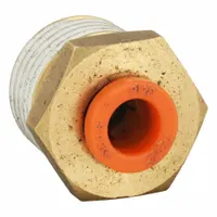 This SMC push-to-connect adapter fitting connects 3/16 in OD polybutylene or brass tubing to a 1/4 in BSPT male threaded port. The brass body provides corrosion resistance for use in pneumatic systems and fluid-handling applications. The push-to-connect design enables quick, secure installation without tools