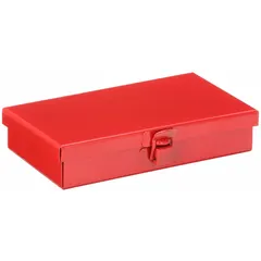 This steel socket storage box features a red finish and a hinged lid with one compartment. It measures 6 1/2 inches wide, 4 1/4 inches deep, and 1 1/4 inches high. Suitable for organizing and protecting socket sets in workshops, garages, and industrial maintenance environments.