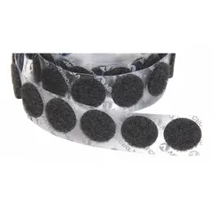 This pre-cut disc features a nylon loop surface with an acrylic adhesive backing, allowing temporary fastening to smooth surfaces. The 5/8 in diameter disc mates with hook strips for secure, reusable closure in assembly, cable management, and mounting applications.