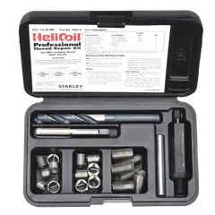 This thread repair kit includes 18-8 stainless steel helical inserts and a right-hand STI tap for creating free-running M10-1.50 coarse threads in metal. The tanged tang style inserts are used to restore damaged internal threads in metal components, commonly in automotive and industrial machinery maintenance.