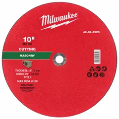 Type 1 cut-off wheel with 30 grit silicon carbide abrasive for cutting concrete and masonry. Measures 10 inches in diameter, 1/8 inch thickness, with a 5/8 inch arbor hole. Suitable for use on block, brick, and stone surfaces.