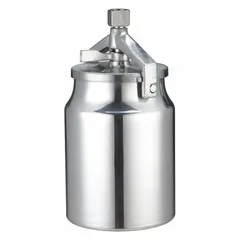 This siphon feed spray gun cup is constructed of aluminum and includes a lid-type clamp. It is designed for use with compatible spray guns in painting and finishing applications.