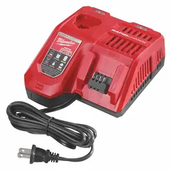 This MILWAUKEE battery charger operates on 120V AC input and is designed for charging 12V DC and 18V DC batteries. It charges a 5 Ah battery in 1 hour. Suitable for use in workshops, construction sites, and maintenance facilities where rapid battery turnaround is required.
