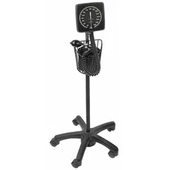 This mobile-stand blood pressure unit is designed for adult patients, featuring a nylon arm cuff in black. It includes a bladder and an attachable basket for convenient storage. Suitable for routine vital-sign monitoring in clinical environments such as hospitals and clinics.