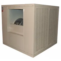 Commercial ducted evaporative cooler with 5 hp motor, 2-inch pad thickness, and dimensions 61 1/4 in x 62 in x 62 in. Operates on 208-230/460V AC. Includes drive package (assembly required). Suitable for cooling large indoor or outdoor spaces such as warehouses, factories, and agricultural facilities.