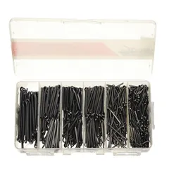This cotter pin assortment contains 550 pieces across 7 bridge sizes, made from 18-8 stainless steel with a plain finish. Inch dimensions. Suitable for securing mechanical assemblies in industrial maintenance and repair tasks.