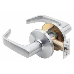 This passage lever lockset from BEST features a satin chromium-plated zinc finish and a 9K Contour Angle Return Lever. It is ADA compliant and equipped with Large Format Interchangeable Core (LFIC) for key control. Designed for interior doors where locking is not required, such as hallways or closets, it meets ANSI function F75.