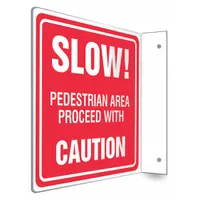This 8 in x 8 in sign is made of PETG and features mounting holes for installation. It is not retroreflective and has no glow-in-the-dark or anti-slip surface. Used to alert personnel to slow down in pedestrian zones within facilities such as warehouses and plants