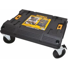 This dolly is designed to transport TSTAK modular tool boxes, enabling users to move stacked storage units across job sites, warehouses, or workshops. It measures 16 15/16 in W x 7 in H x 18 15/16 in D and features a Black/Yellow color scheme.