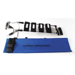 This MEDSOURCE traction splint is designed for immobilizing and stabilizing ankle injuries in emergency medical settings. Made of nylon with a silver finish, it measures 49 5/8 inches in overall length and 7 inches in overall width. The splint includes three leg straps for secure support during patient transport.