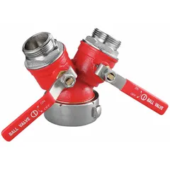 This brass wye valve body adapter features a Female NH inlet and dual 1-1/2 in Male NPSH outlets, configured as NH x NPSH. It is used to connect fire hose to standpipe systems, allowing water distribution or hose management in fire protection applications.