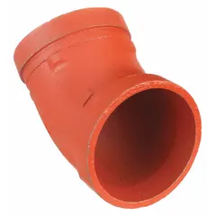 This 45° grooved pipe elbow is used to change flow direction in grooved piping systems. Made of ductile iron, it has a 4 in x 4 in fitting size and a maximum operating pressure of 300 psi at 150° F. Common in fire protection, HVAC, and industrial process lines.