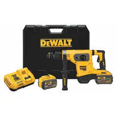 This 60V DC cordless rotary hammer features an L-shape design and SDS-Max bit system. It delivers 0-3150 bpm and 4.5 ft-lb of impact energy, suitable for drilling and chiseling in concrete, masonry, and stone. The tool operates in hammer-and-rotate mode and is supplied as a bare tool (battery and charger sold separately).