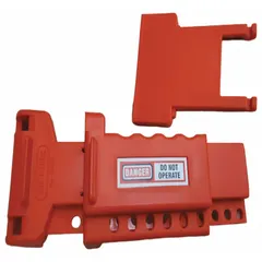 This clamp-on ball valve lockout secures quarter-turn handles to prevent accidental valve operation during maintenance. It fits pipe sizes from 1-1/2 in to 2-1/2 in and is rated for temperatures as low as -13°F. The device is used in lockout/tagout procedures to isolate energy sources in industrial piping systems.