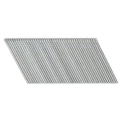 Collated finishing nails, 2 inches long, with plain T-head, smooth steel shank, and chisel point. Glue coating provides holding power. Pack of 2,500. Suitable for trim, molding, and cabinetry applications in wood and composite materials.