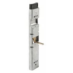 This recessed handle for sliding doors provides a secure locking mechanism. It measures 1-1/4 inches in length, 7/16 inches in width, and 7-13/16 inches in height. Suitable for use in sliding door applications where a flush-mounted handle is required.