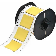 Precut sleeve label roll for wire and cable identification. Made of yellow matte polyolefin, each label measures 1 in x 2 in and fits 2 AWG wire gauge. Compatible with BBP33 printer series. Used in industrial control panels, electrical cabinets, and plant maintenance for permanent marking.