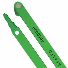 Plastic strap seals with 6-inch length and 3/8-inch width, breaking strength of 50 lb. Laser-marked in black with sequential numbering and 'Sealed' message. Supplied in packs of 50. Used for tamper-evident sealing of bags, pouches, and containers in logistics and security applications.