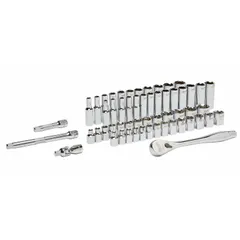 This 56-piece socket set includes 6-point sockets in both SAE and metric sizes, covering a range from 1/4 in to 1 in, with a 3/8 in drive. The set features a friction drive type and includes drive tools. Suitable for tightening and loosening fasteners in automotive repair, industrial maintenance, and general mechanical work.
