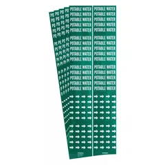 Green pipe marker with white legend text reading 'Potable Water' and directional arrows. Designed for pipes with outside diameter of 3/4 inch and smaller. Each pack contains 5 markers (3 markers per pack). Used to identify potable water lines in industrial and commercial facilities.