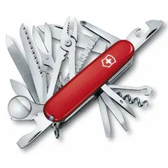 This multi-tool folding knife includes 16 tools such as a knife, fish scaler, and ball point pen. It features a stainless steel blade and a red plastic handle. With a closed length of 3 1/2 inches and an open length of 6 1/4 inches, it is suited for everyday carry, outdoor activities, and light repair tasks.