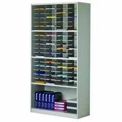 Steel literature sorter with 72 compartments for organizing mail, documents, and literature. Overall width 42 inches, depth 16 inches. Gray finish. Suitable for office, mailroom, or administrative area use.