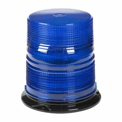 Blue LED vehicle beacon with round shape and screw mount. Overall height 6 11/16 in, width 6 3/8 in. Operates on 12 to 24V DC with blunt cut wires. Features 12 selectable flash patterns and SAE Class 2 lighting rating. Suitable for warning applications on service trucks, construction equipment, and work zone vehicles.