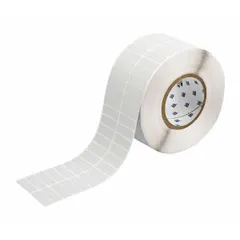 This precut label roll consists of gray metalized polyester labels measuring 3 11/32 in x 1/2 in. The material is halogen-free and compatible with the i7100 printer series. Typical applications include industrial identification, electrical panel marking, and asset tracking where durable, heat-resistant labels are required.