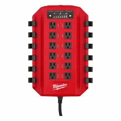 Portable power distribution unit with 12 outlets and a NEMA 5-20 plug, designed to power multiple tools and chargers from a single 20 A circuit. Integrates with the Packout modular storage system for secure stacking and transport. Suitable for job site power management.