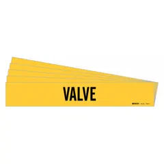 Yellow adhesive pipe marker with black legend text reading 'Valve'. Designed for pipe outer diameters from 2-1/2 to 7-7/8 inches. Includes one marker per pack, sold in a 5-pack. Without directional arrows. Used to identify valve locations in industrial piping systems.