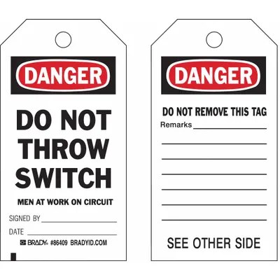 BRADY Tag Bahaya: Hitam/Merah/Putih, Ikat Kabel, 10 Tag, Bahaya Listrik, Bahasa Inggris - Danger/Do Not Throw Switch Men At Work On Circuit Signed By: Date: / Danger/Do Not Remove This Tag Remarks: Tags